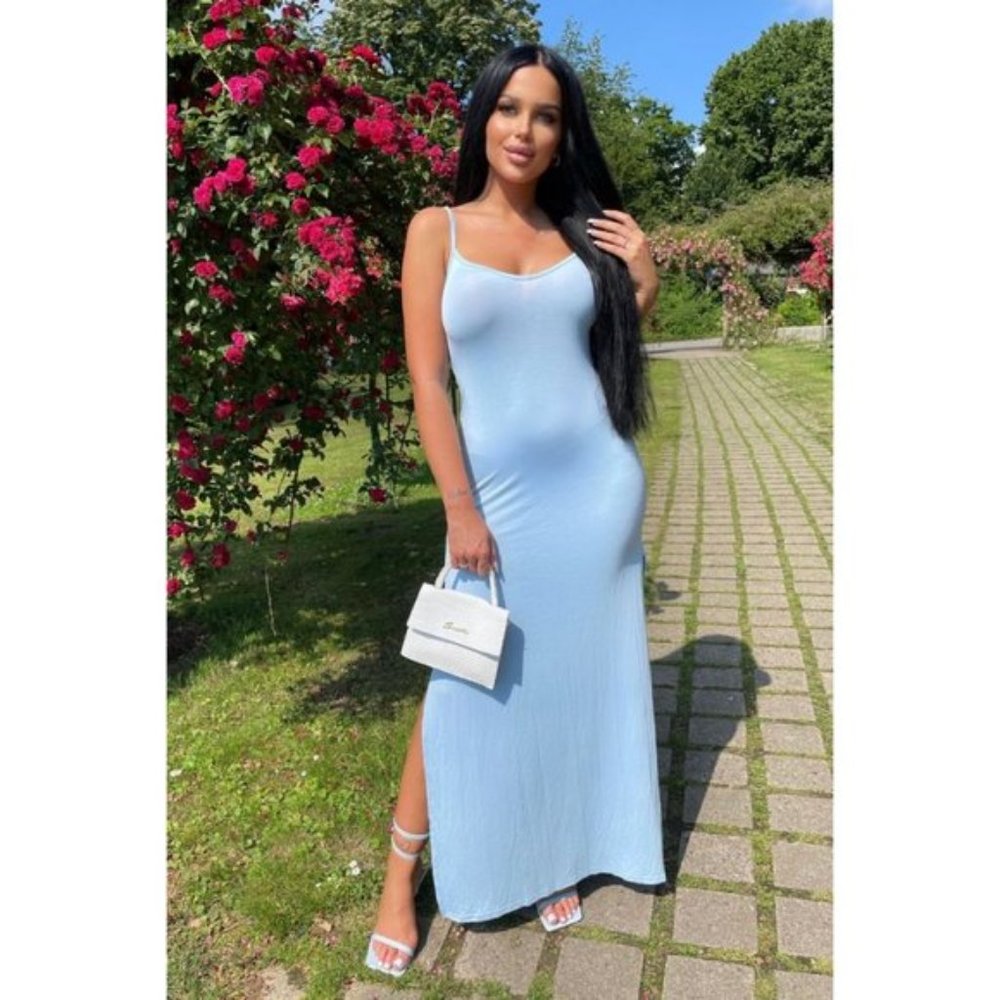Blue Sleeveless V-Neck Side Slit Bodycon Long Maxi Dress Sundress - Picture 6 of 7